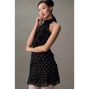 NWT Anthropologie Maeve Halter Rosette Mini Dress XL $168 Black White Polka Dot
